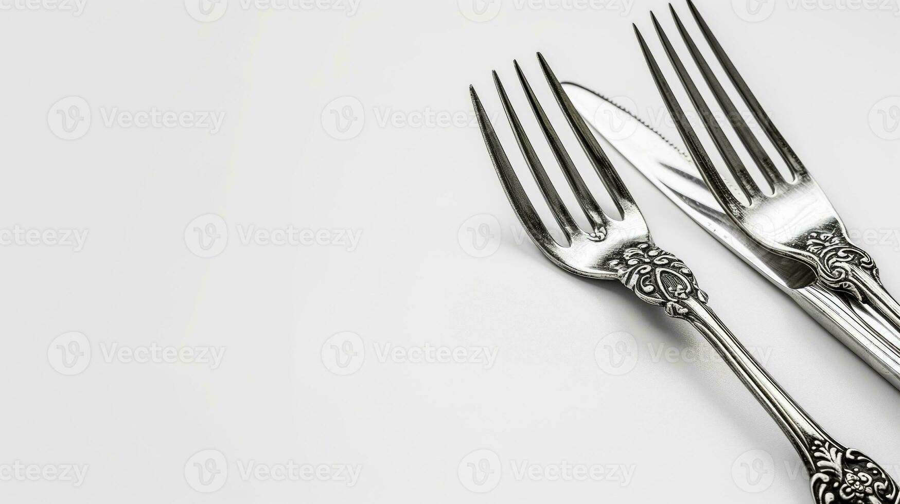 AI generated Antique silver table forks with ornate handles on white photo