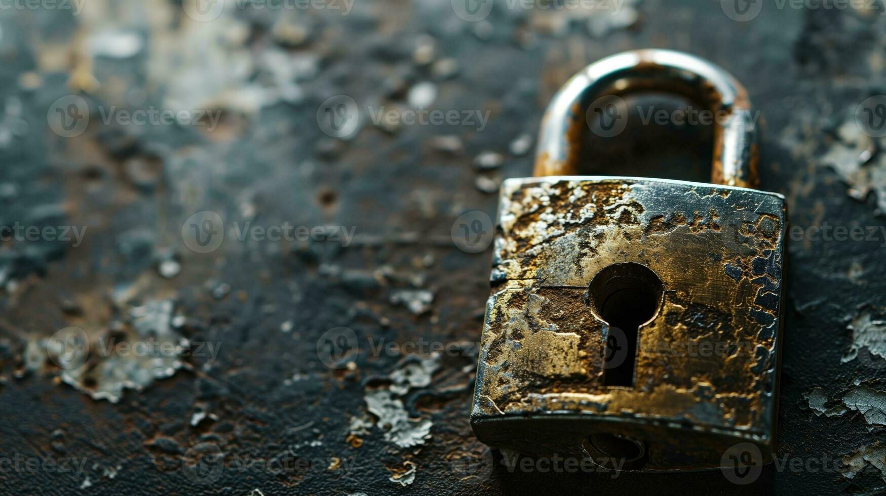 AI generated Rusty padlock on a textured dark surface photo