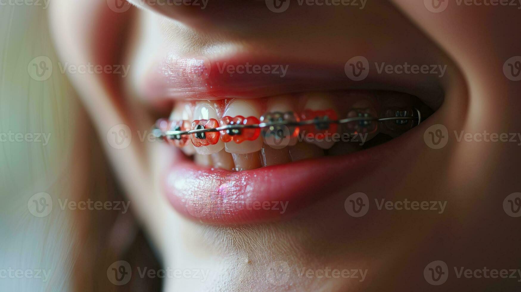 AI generated Close-up of a smile with red braces on teeth photo