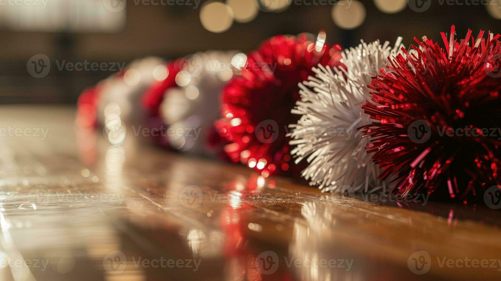 AI generated Red and white cheerleading pom-poms on a wooden gym floor photo