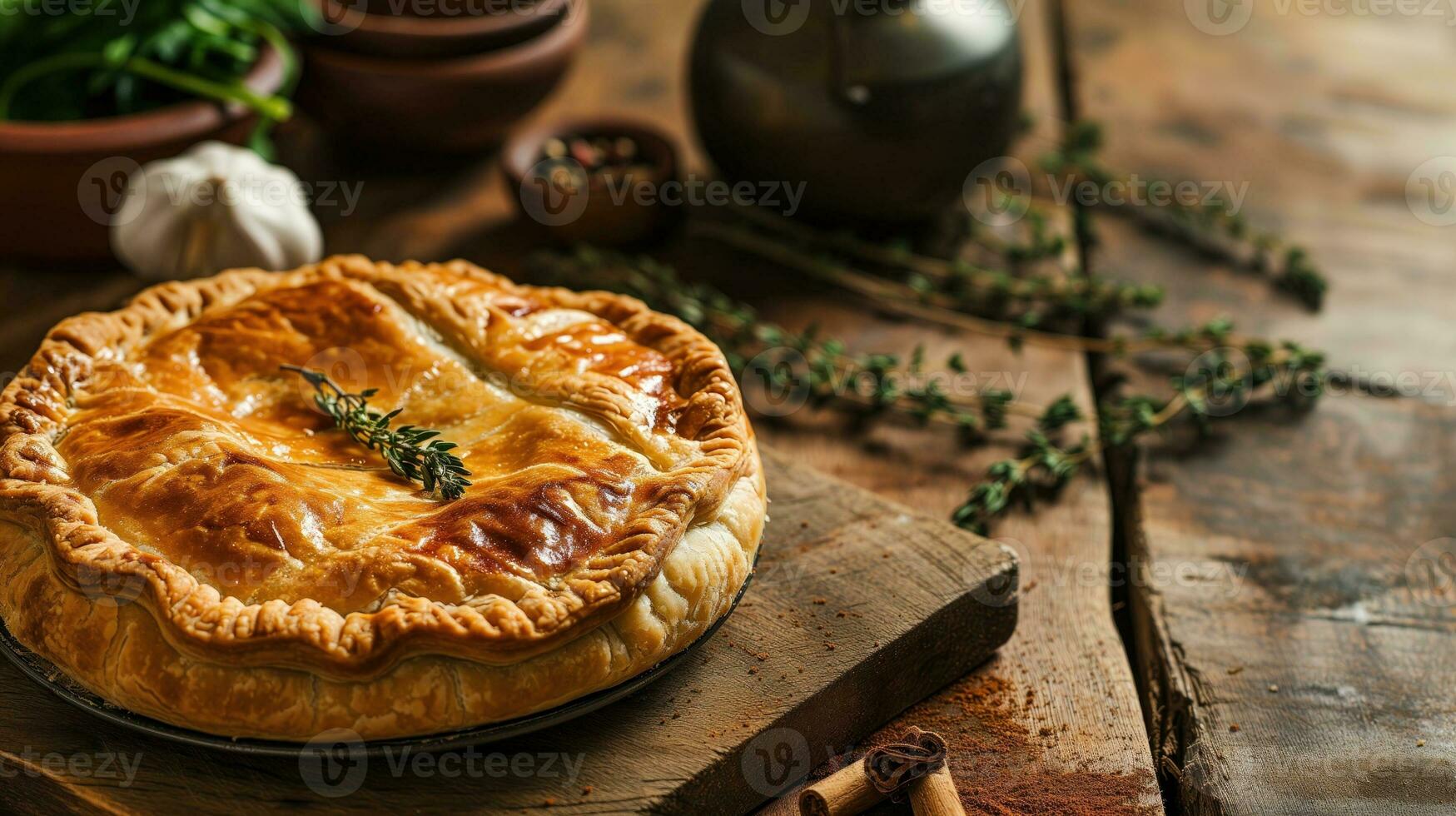 AI generated Golden baked pie with herbs on wooden table photo