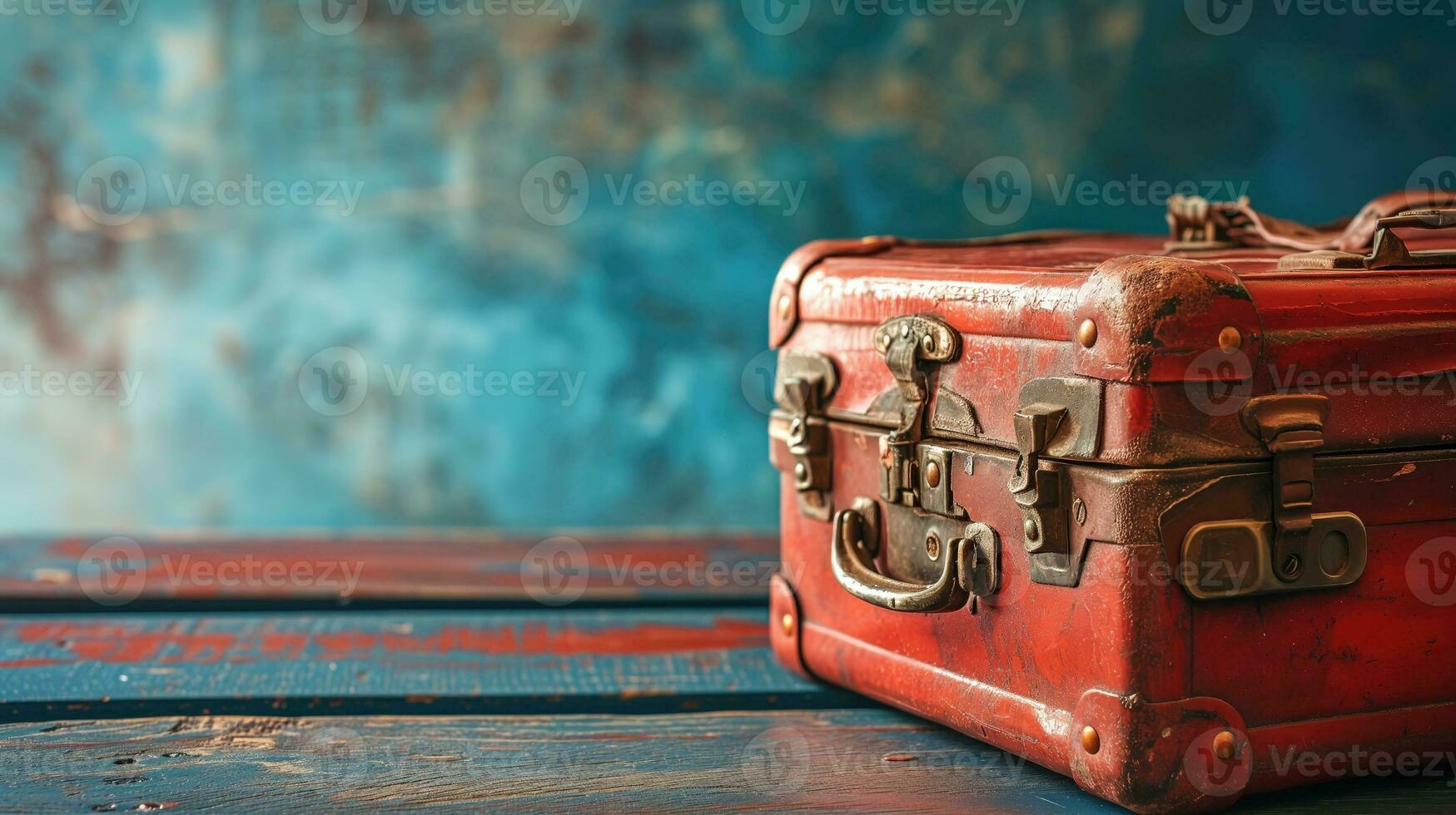 AI generated Worn red vintage suitcase on a blue textured background photo