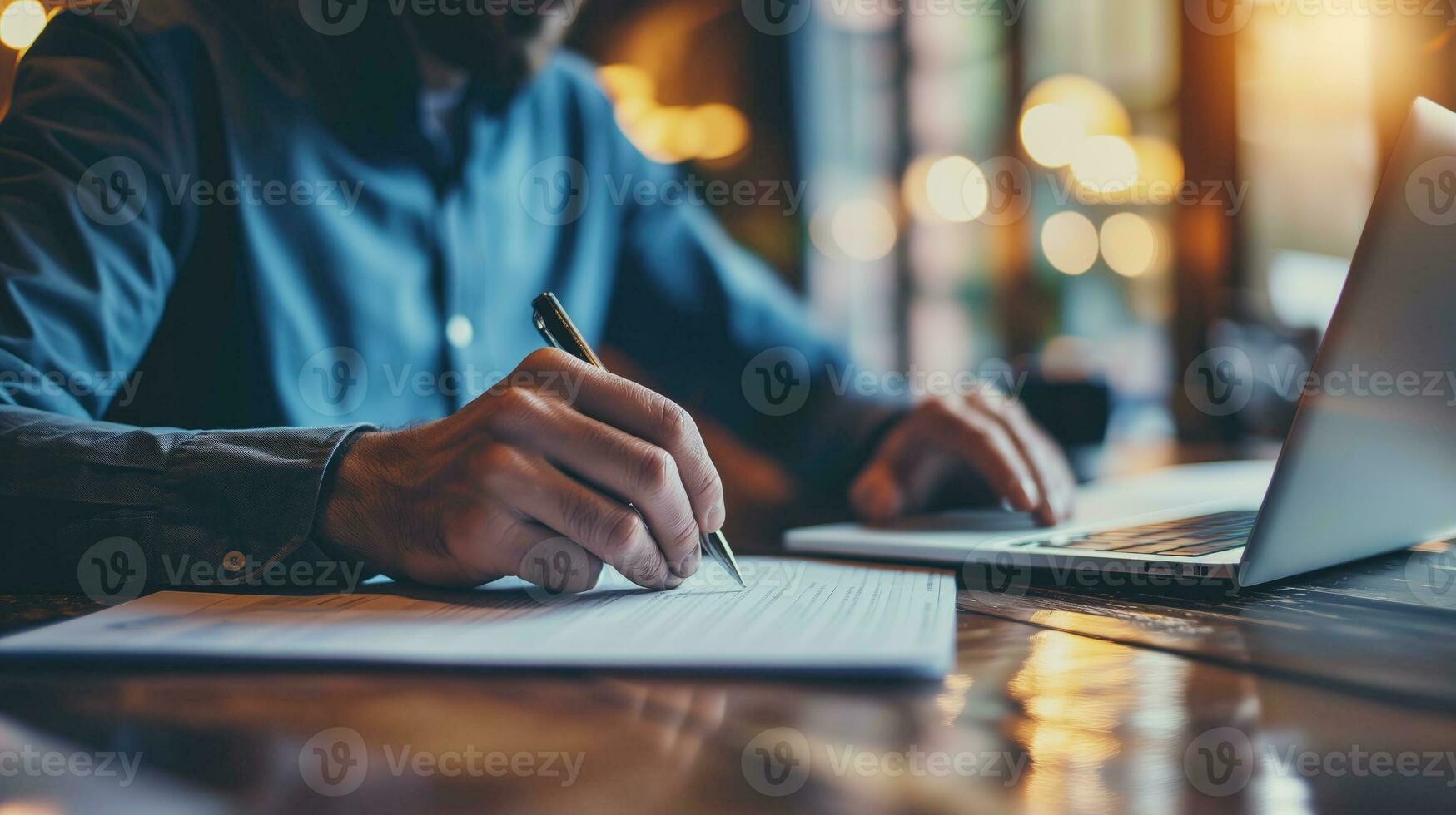 AI generated Business professional signing documents at a laptop in a cafe photo
