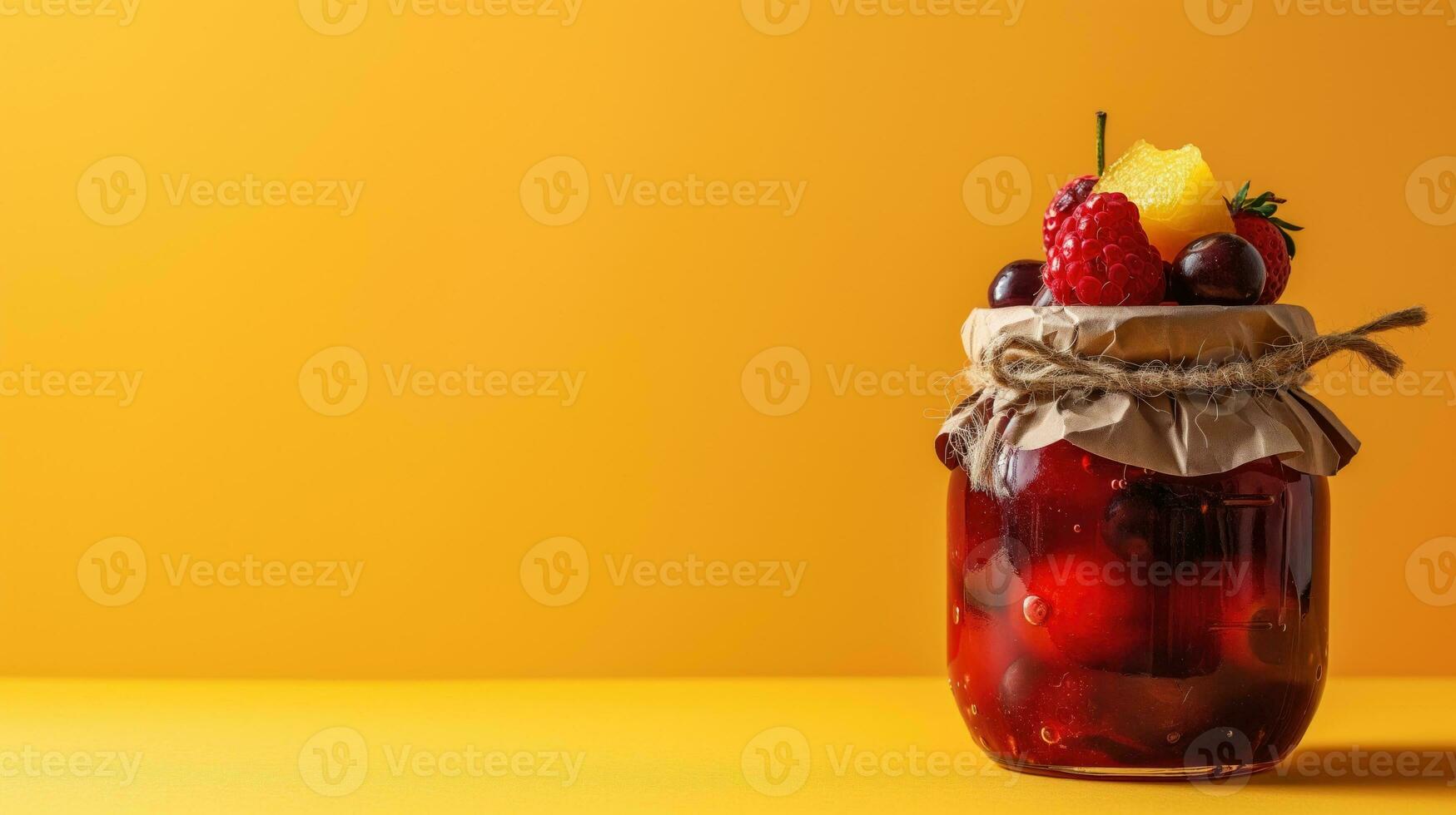 ai generado un tarro de Preservado frutas con un rústico decoración en un amarillo fondo foto