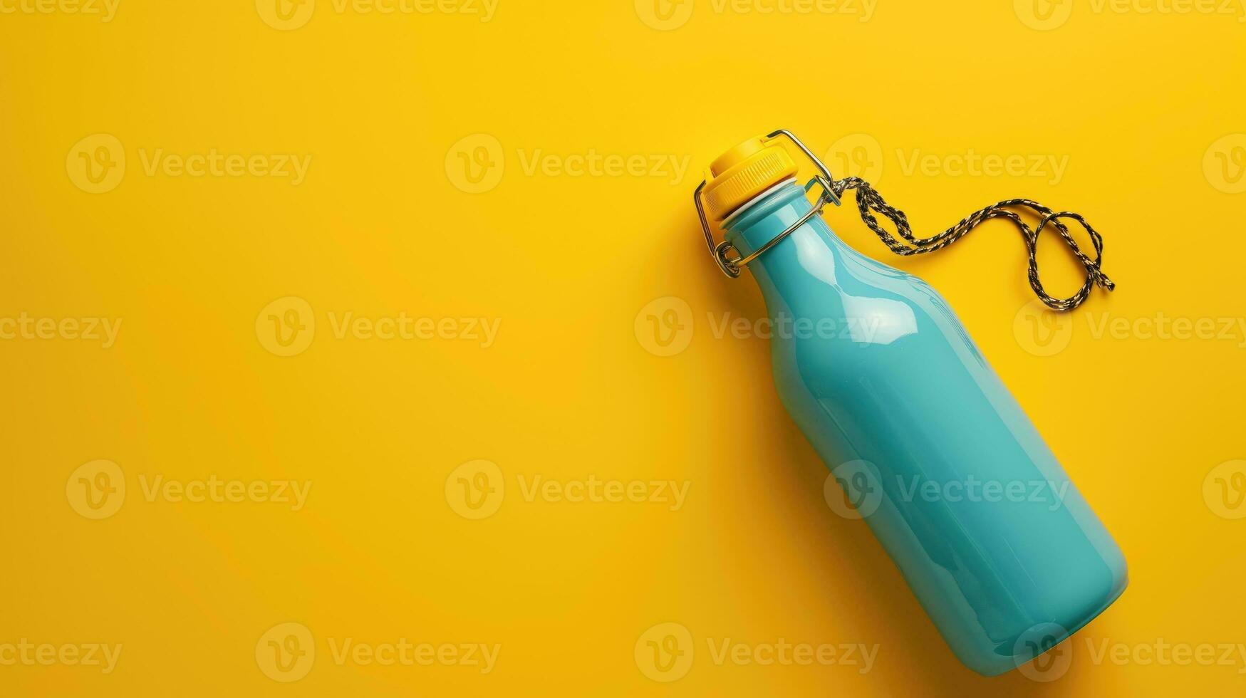 AI generated A blue water bottle with a yellow cap and rope on a yellow background photo