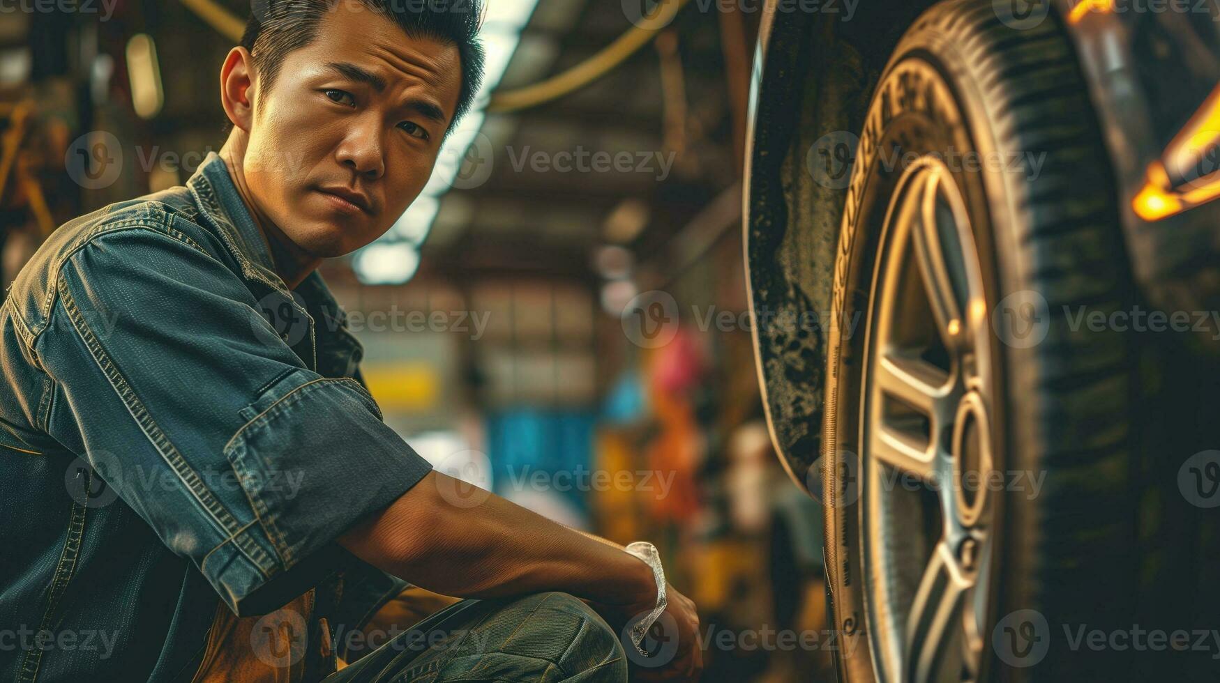 AI generated Focused mechanic inspecting a car tire photo