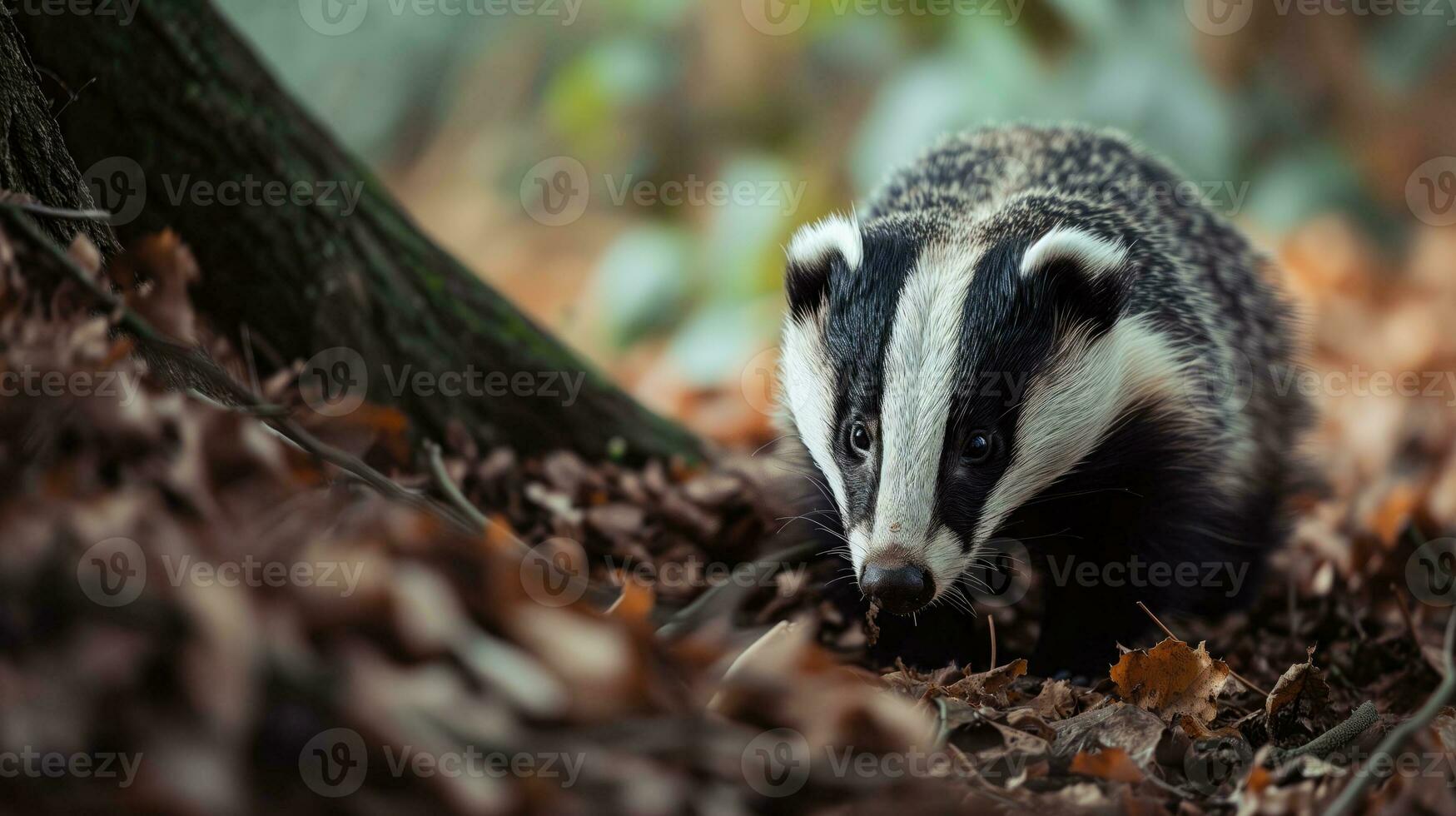 AI generated A badger foraging in autumn leaves photo