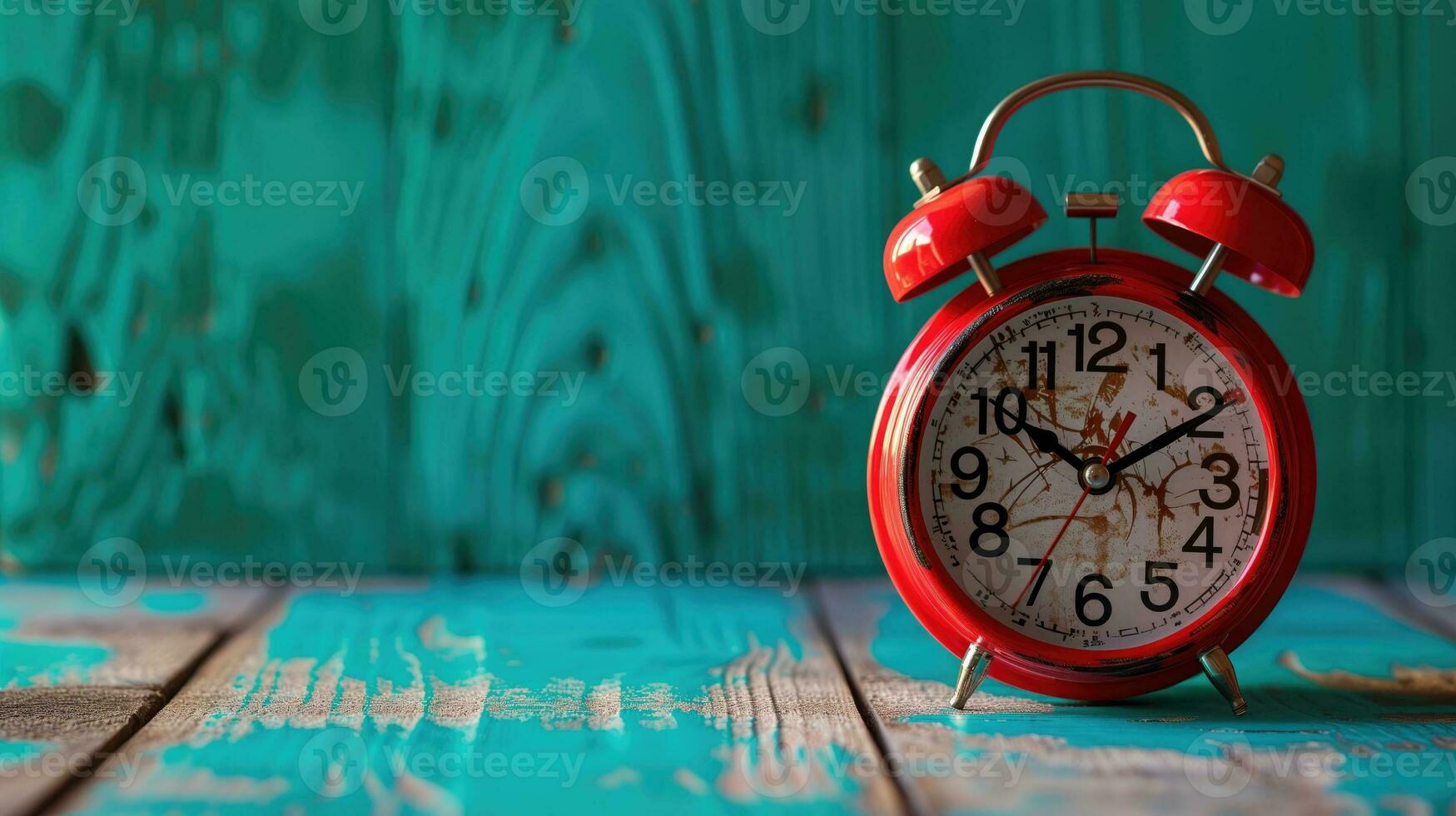 AI generated A vintage red alarm clock on a blue patterned background photo