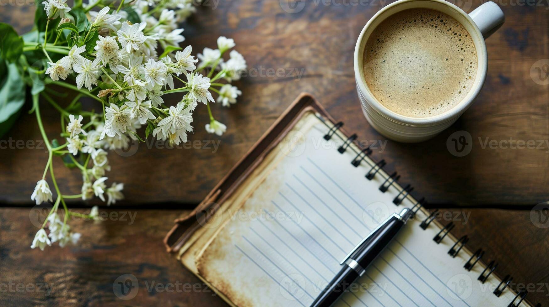 AI generated Open notebook with coffee and white flowers on a wooden table photo