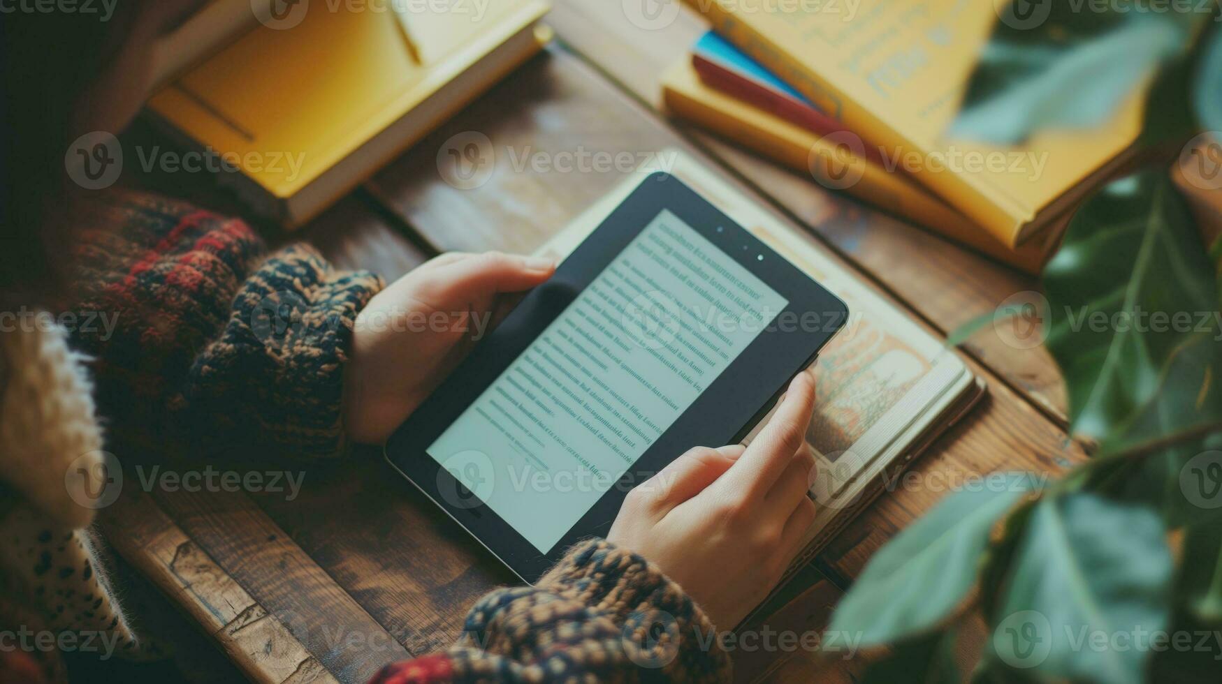 AI generated Close-up of hands holding a tablet displaying text, with books around photo