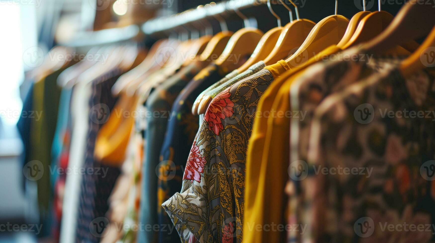 AI generated Assorted patterned garments on hangers, showcasing fashion variety photo