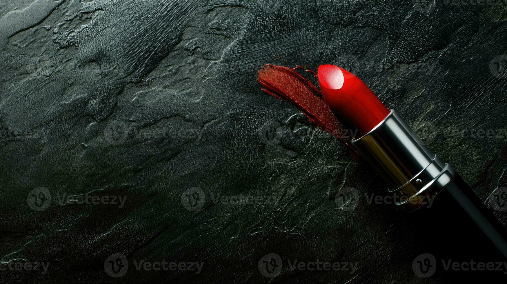 AI generated Bright red lipstick with smudge on a black slate photo