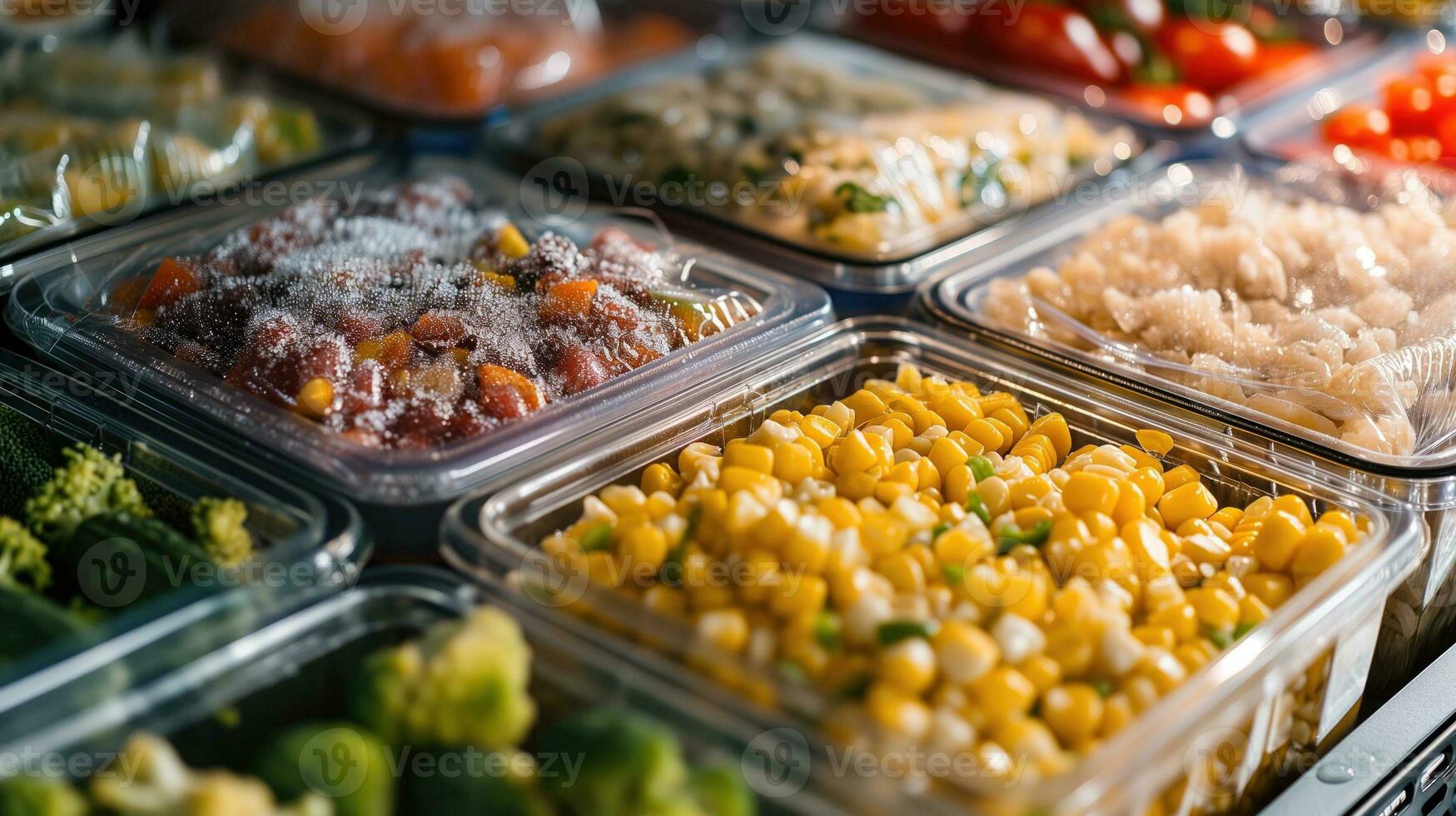 AI generated Close-up of various frozen foods in containers photo