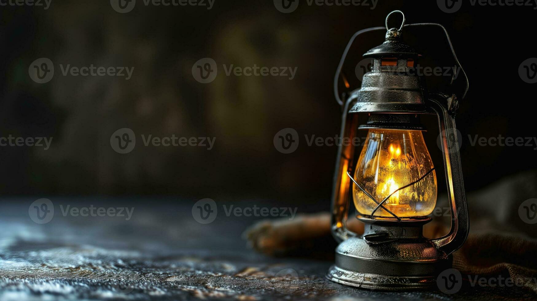 AI generated Glowing vintage lantern with a warm light on a dark background photo