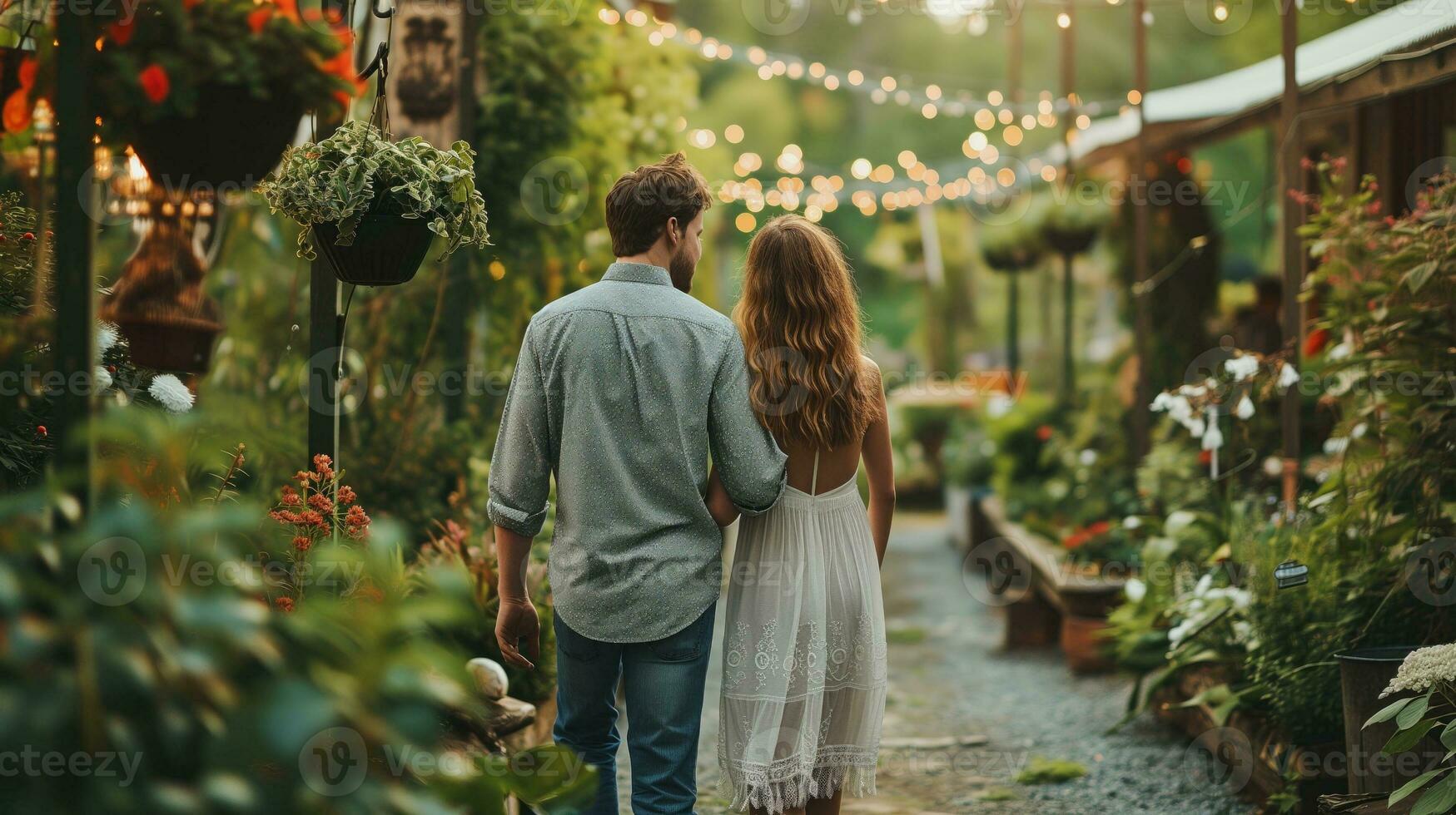 ai generado Pareja caminando brazo en brazo en un lozano jardín con cuerda luces foto