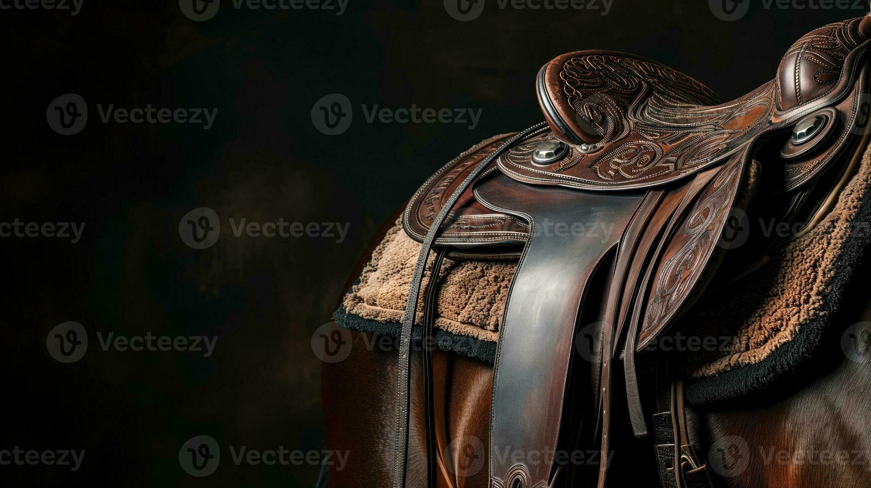 AI generated Ornate leather saddle on a horse with intricate tooling photo