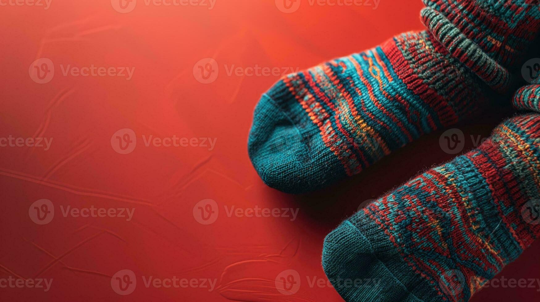 AI generated Colorful wool socks on a red background photo