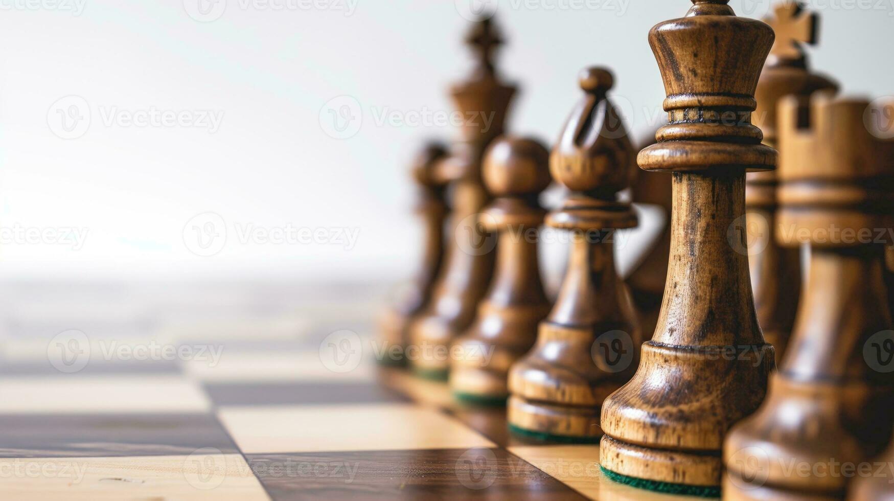 AI generated Wooden chess pieces on a chessboard against a blurred background photo
