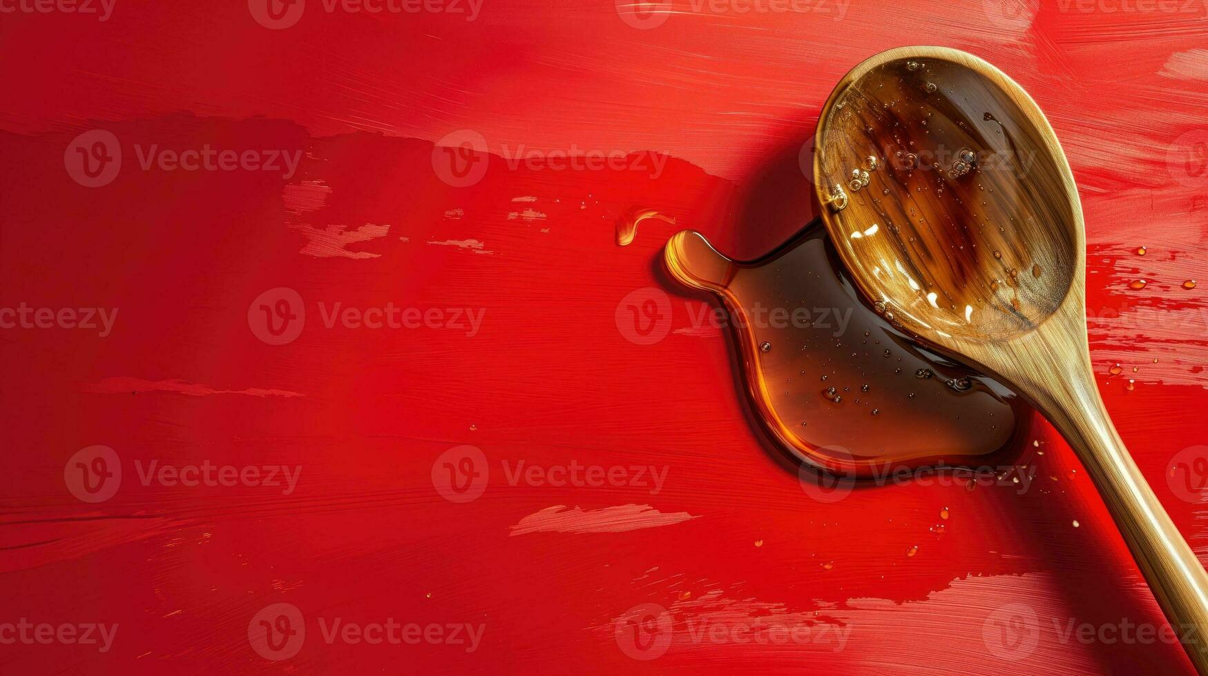 AI generated Honey drizzling from a wooden spoon on a red background photo