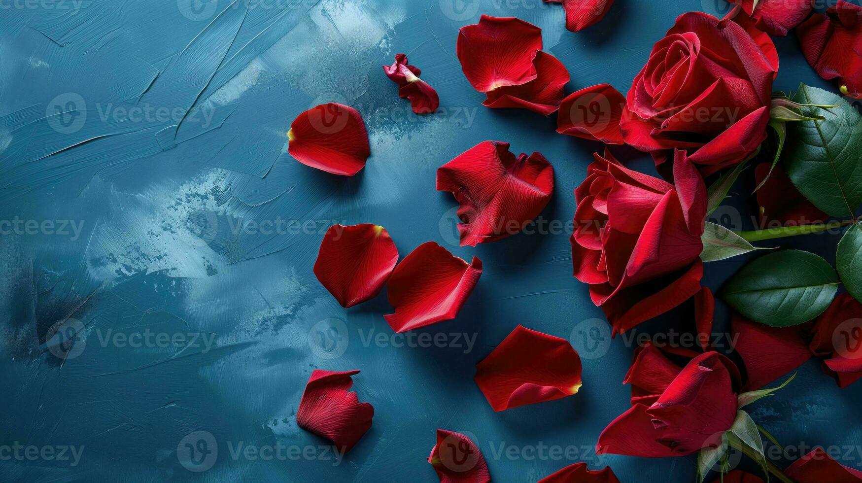 AI generated Red rose petals scattered on a blue painted background photo