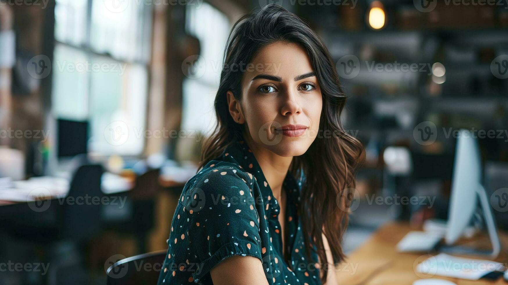 AI generated Focused professional woman at a modern office desk photo