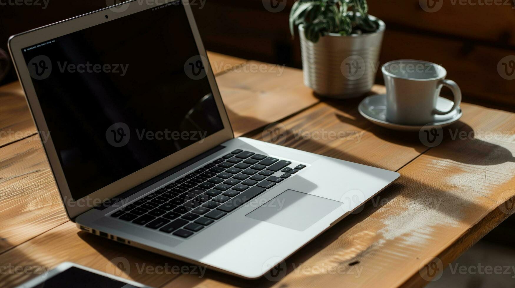 ai generado abierto ordenador portátil con café taza en un de madera mesa en luz de sol foto