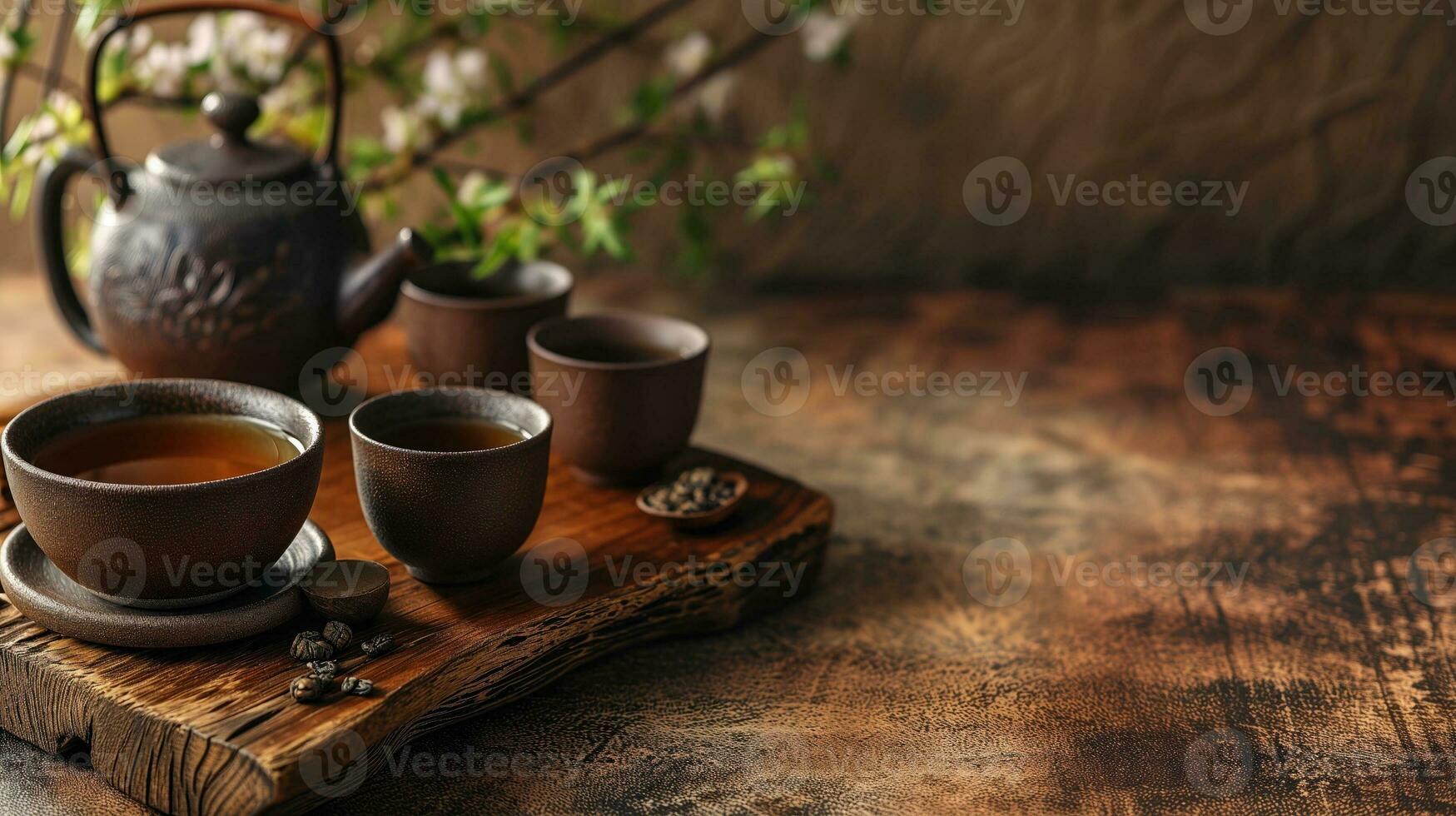 AI generated Traditional tea ceremony set on a rustic wooden table photo