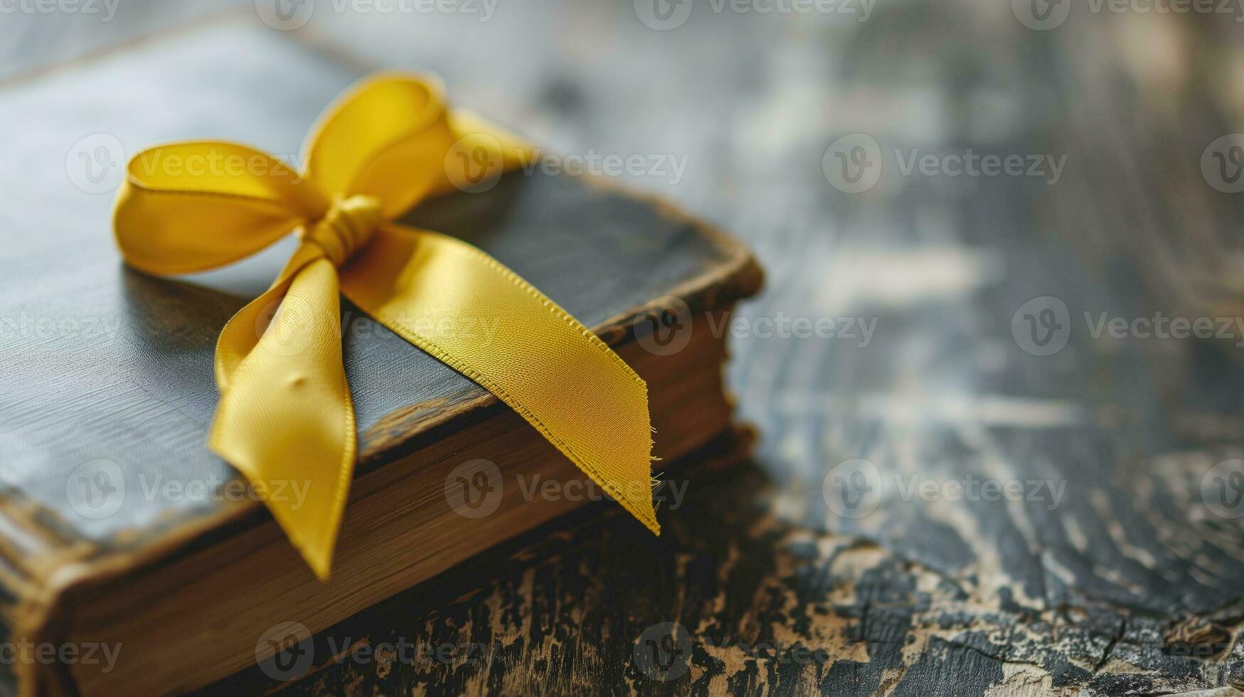 AI generated Old book with yellow ribbon on wooden texture photo