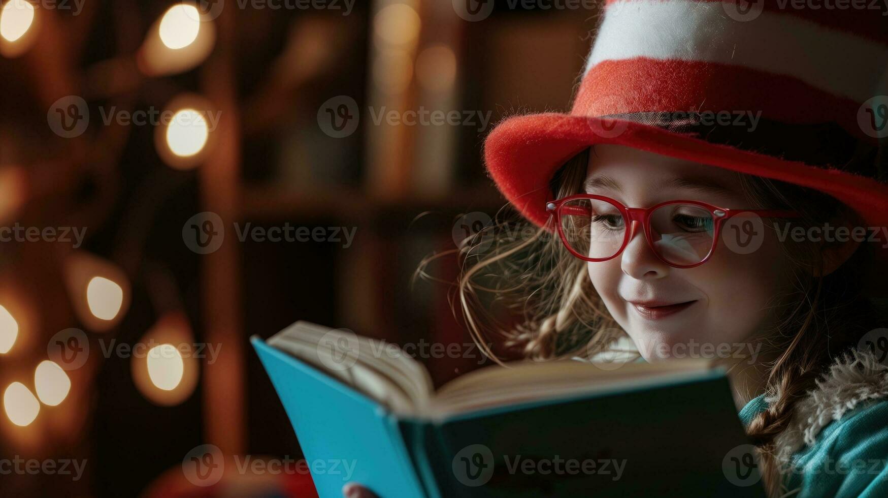 ai generado joven niña en un a rayas sombrero leyendo un libro con alegría foto