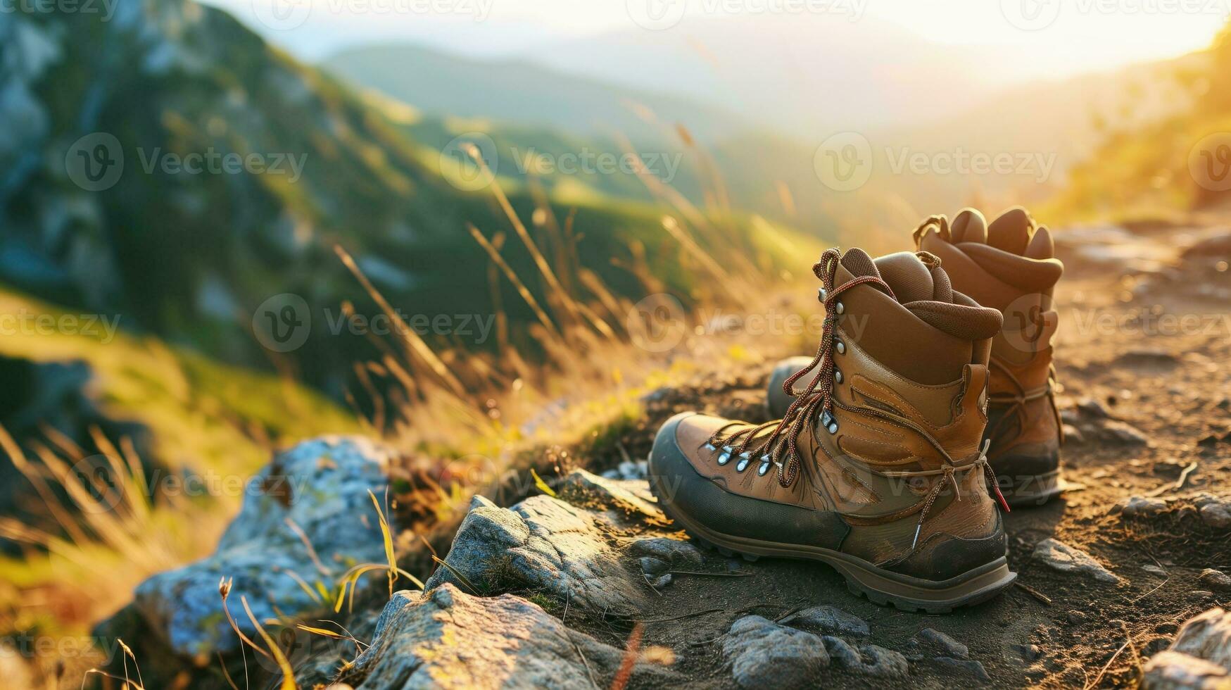 AI generated Hiking boots on a rocky mountain trail during golden hour photo