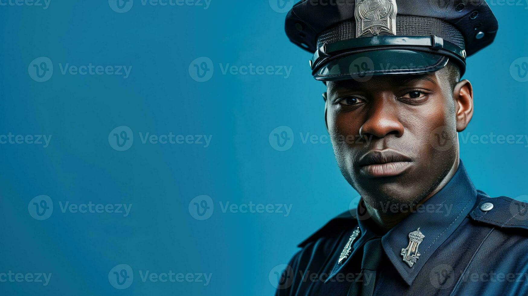 AI generated Stern police officer in uniform, background with copy space photo