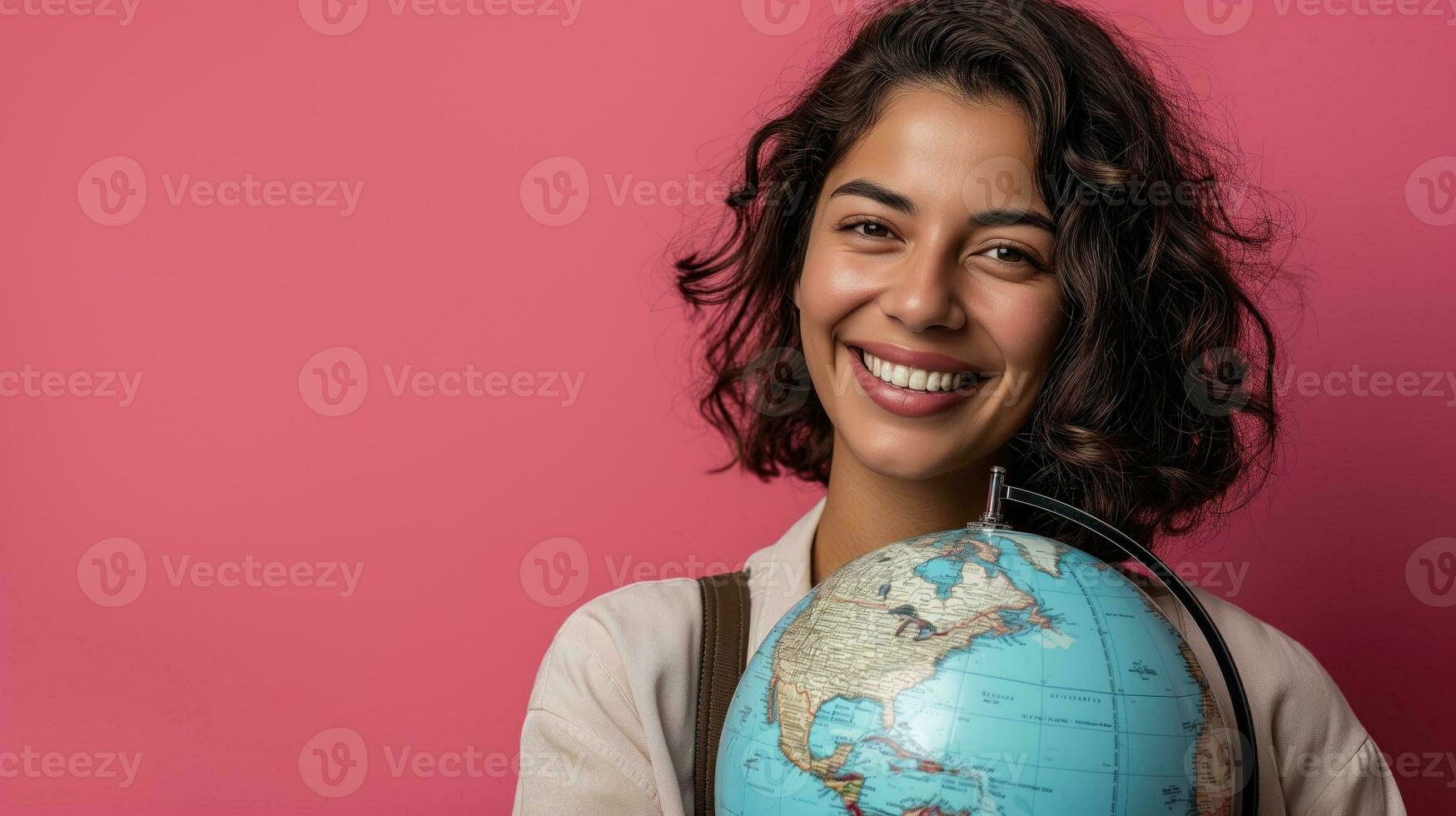 AI generated Smiling woman with globe, suggesting a love for travel photo