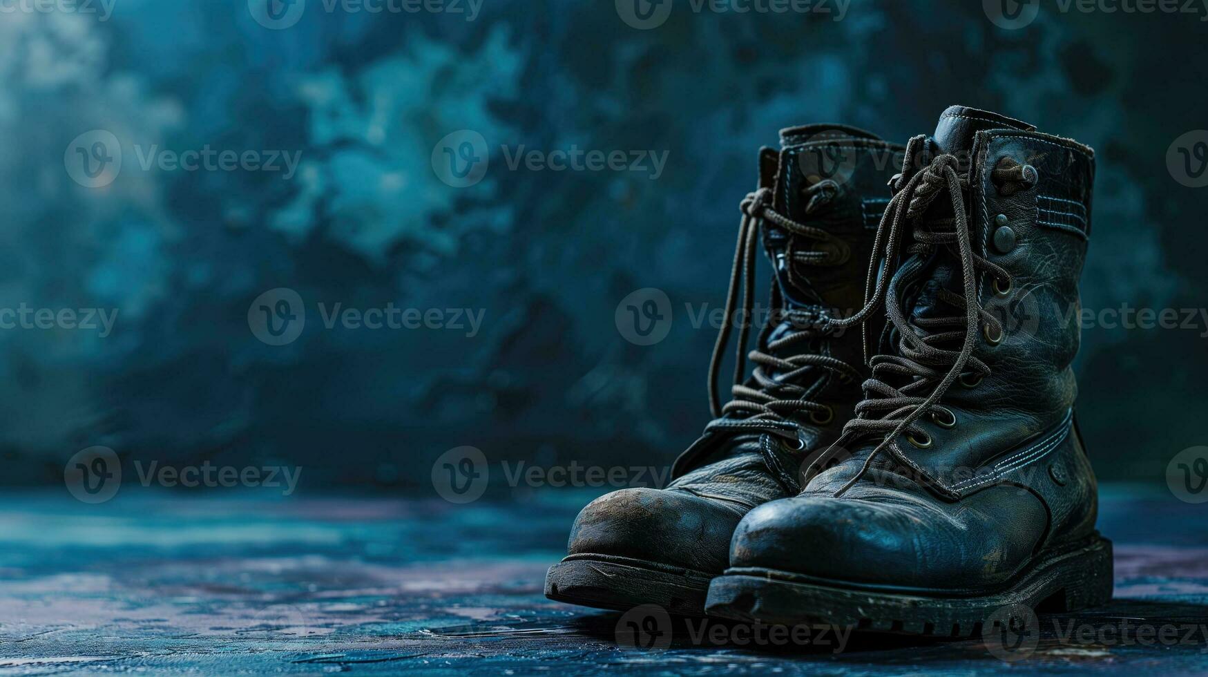 AI generated Worn combat boots on a textured blue surface photo