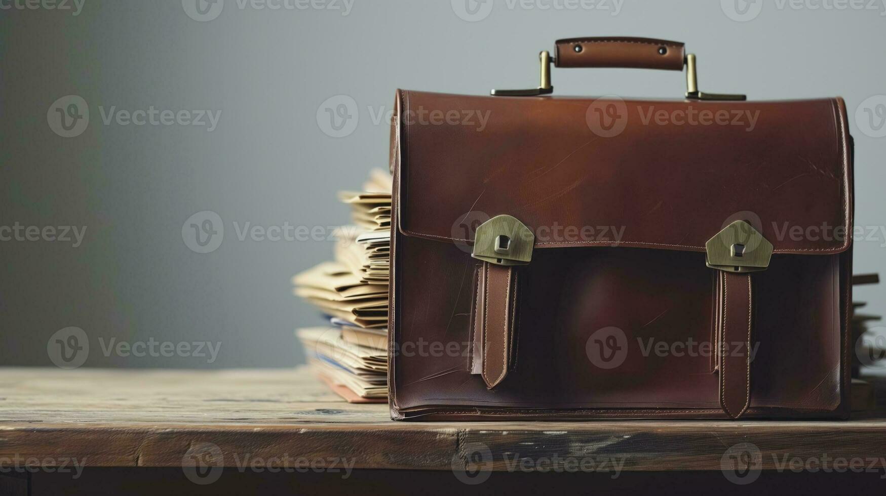 AI generated Leather briefcase on a wooden table with files beside it photo