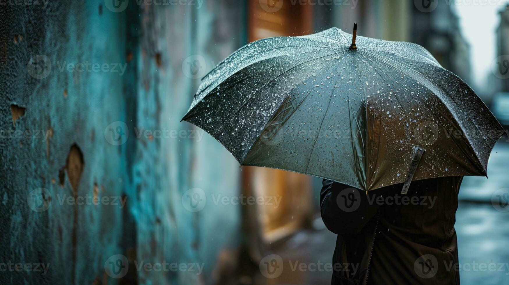 AI generated Person with umbrella on rainy city street photo