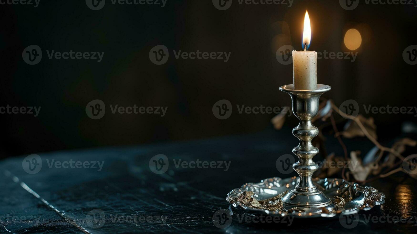 ai generado un elegante plata vela poseedor con un iluminado vela en oscuro foto