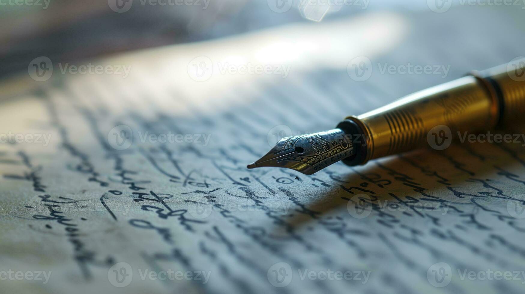 AI generated Close-up of a fountain pen on handwritten notes photo