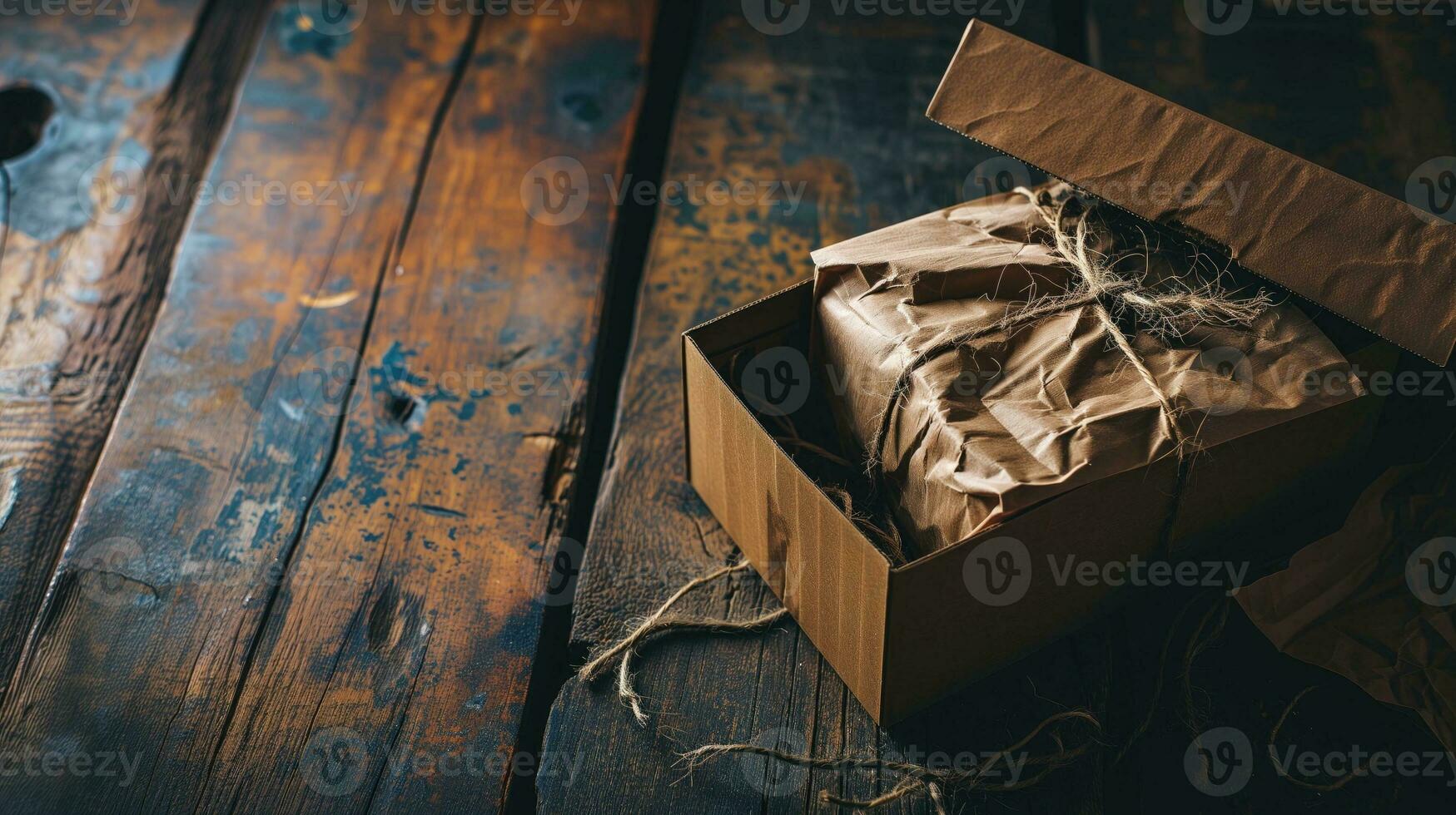 ai generado un paquete envuelto en marrón papel dentro un cartulina caja en un rústico mesa foto