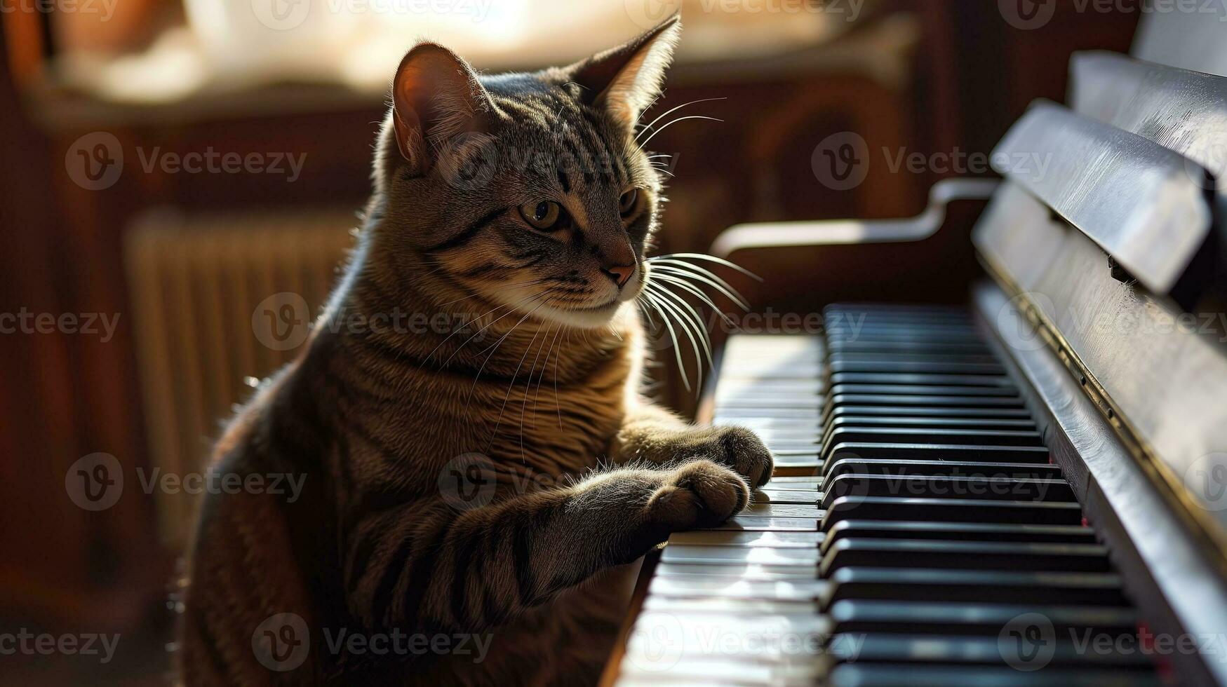 AI generated Tabby cat with paw on piano keys in sunlight photo