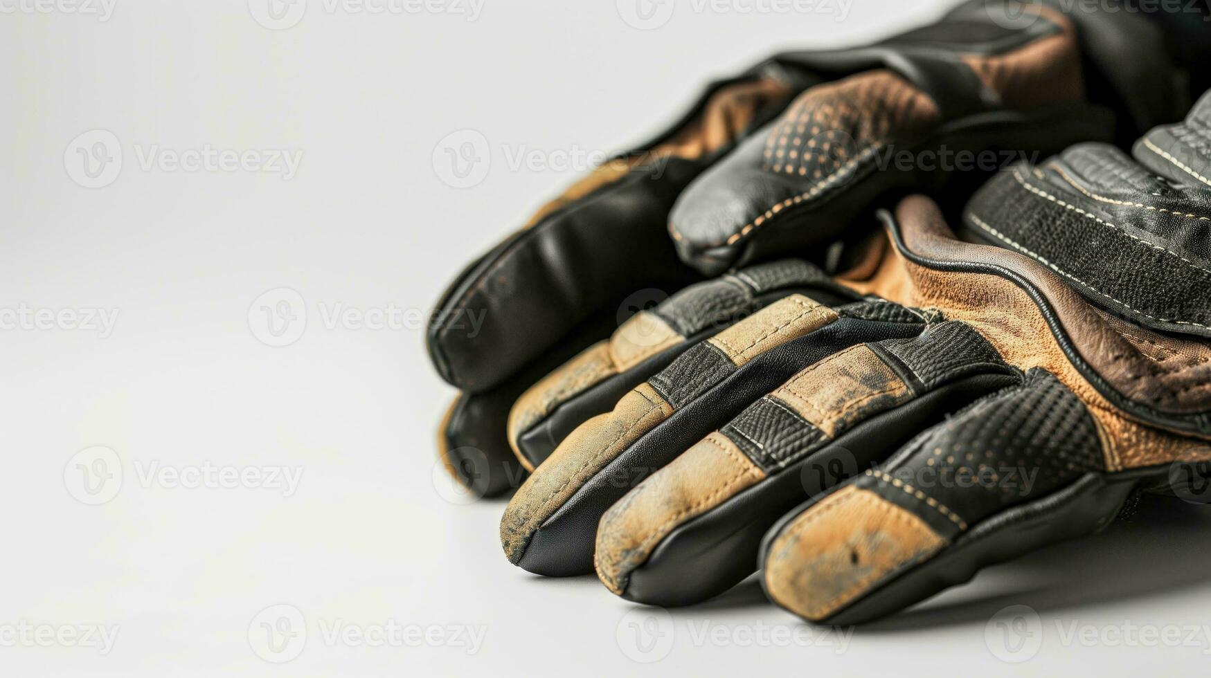 AI generated Worn motorcycle gloves on a white surface photo