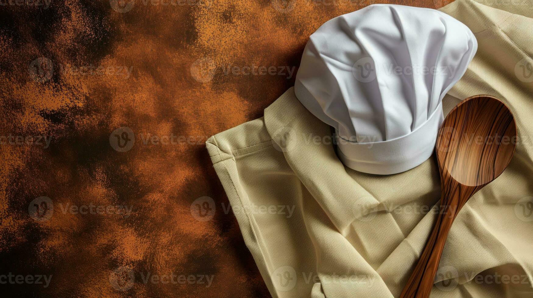 AI generated Chef's white hat and wooden spoon on a beige apron photo