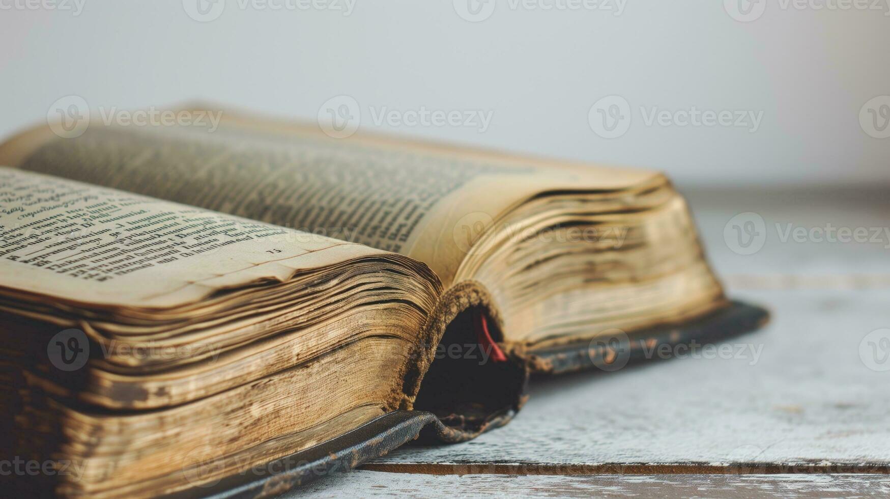 AI generated An old, open book on a rustic wooden table photo