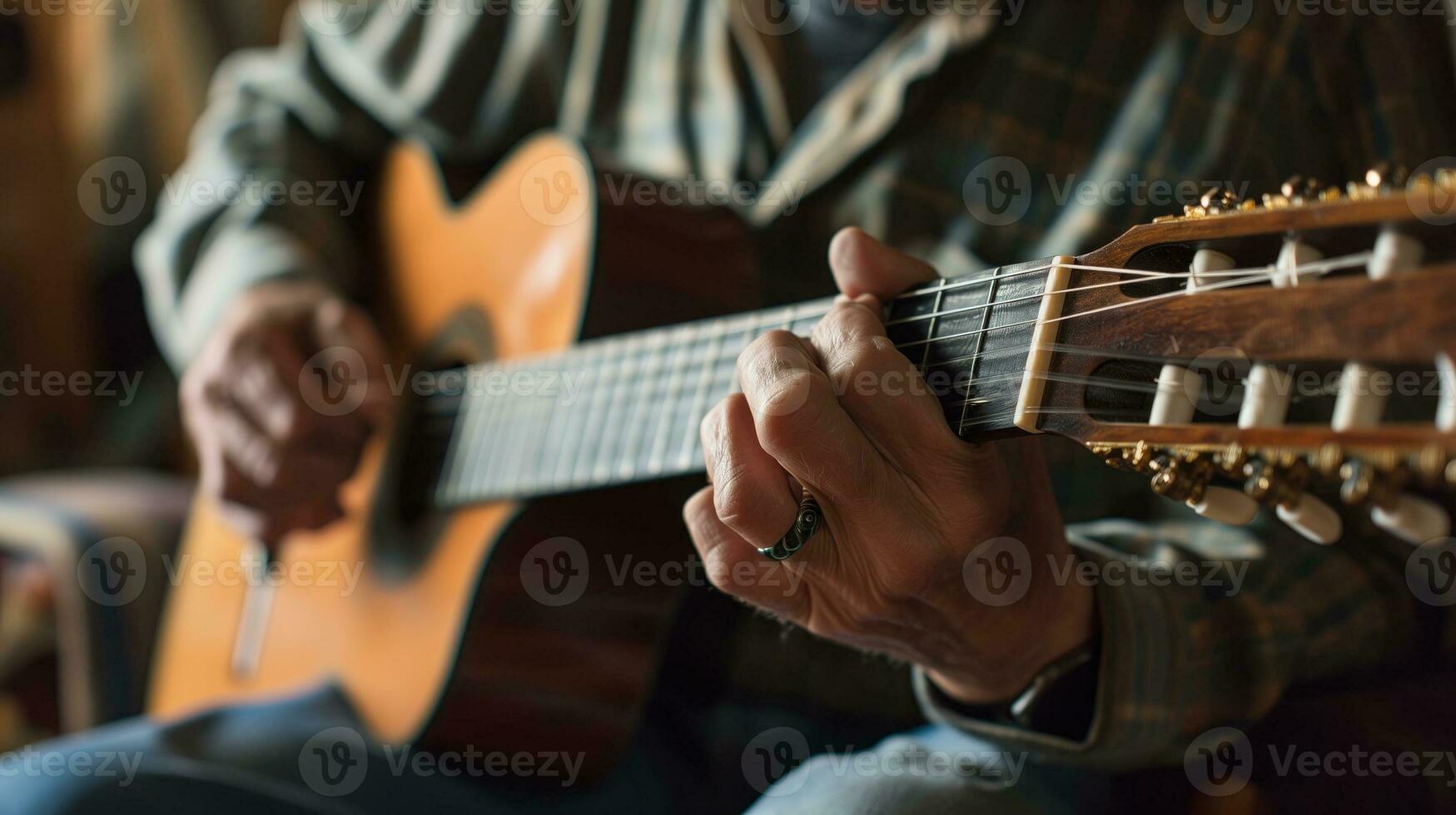AI generated Person playing guitar, close-up on hands and strings photo