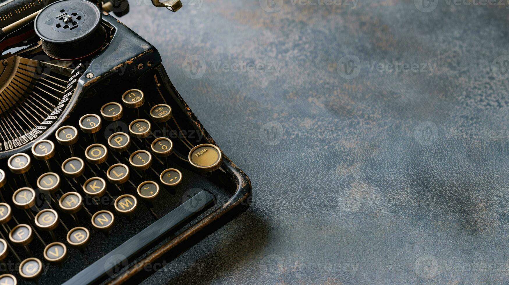 AI generated Vintage typewriter with golden keys on a textured grey background photo