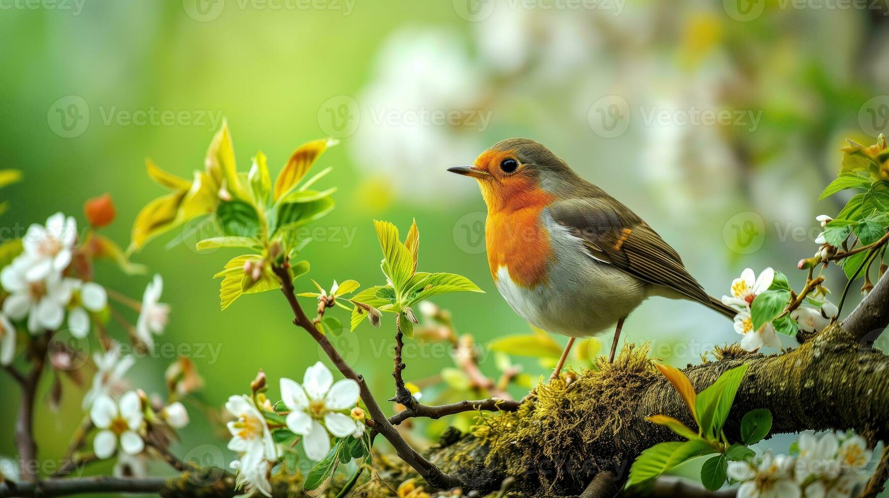 AI generated A robin amidst blossoming spring flowers photo