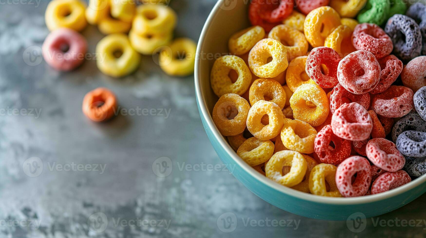 AI generated Colorful cereal rings in a bowl on a textured table photo