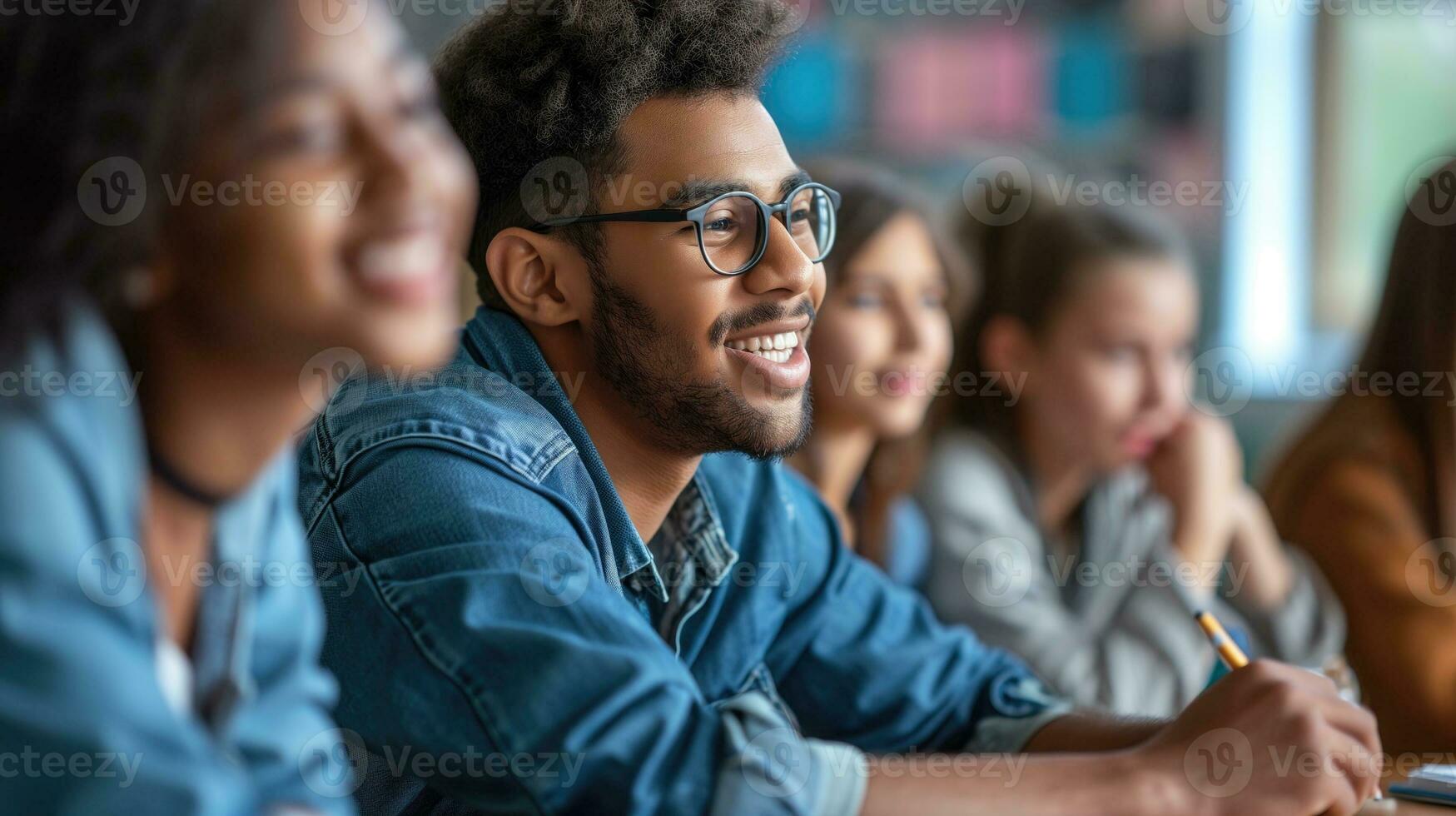 AI generated Young man with glasses smiling in a classroom setting photo