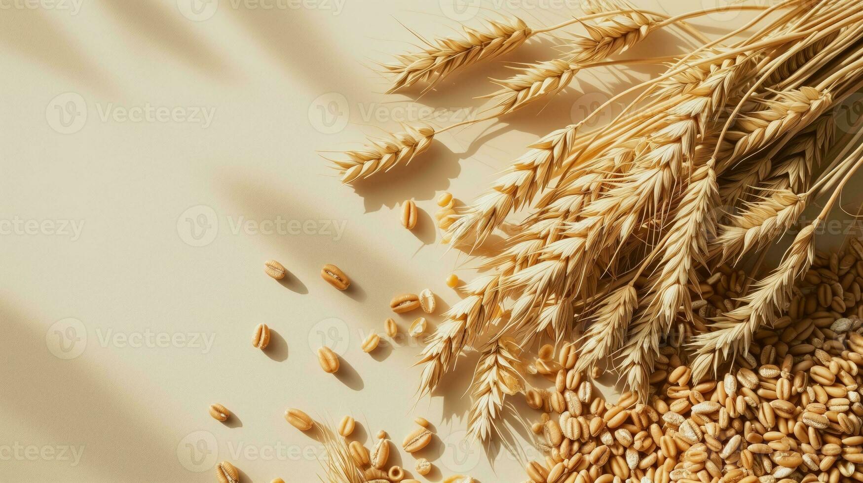 AI generated Wheat sheaves and scattered grains on a cream background with shadows photo