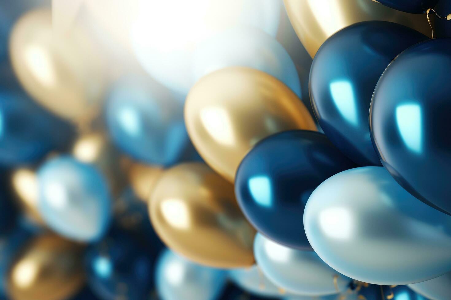 AI generated Birthday party balloons, golden and blue balloons background with confetti and bokeh backgrounds Ai generated photo