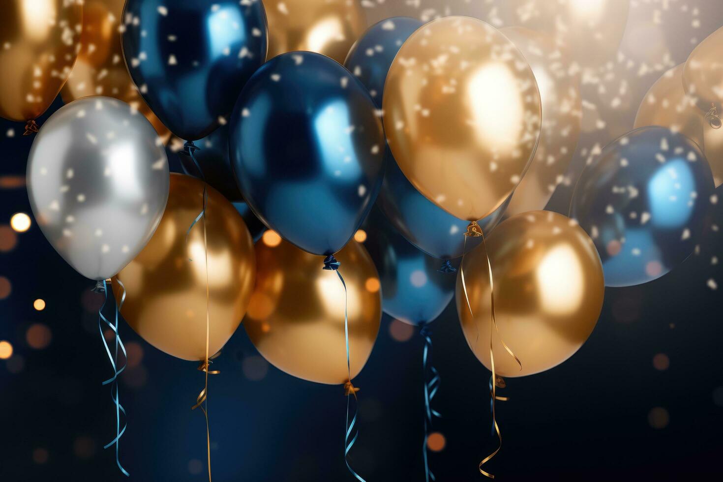 AI generated Party balloons Background , golden and blue balloons background with confetti and bokeh backgrounds Ai generated photo